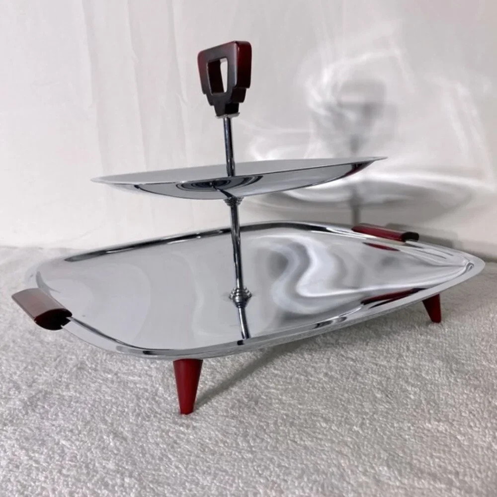 Vintage Glo Hill Gourmates Two Tier Chrome Serving Tray With Bakelite Handles